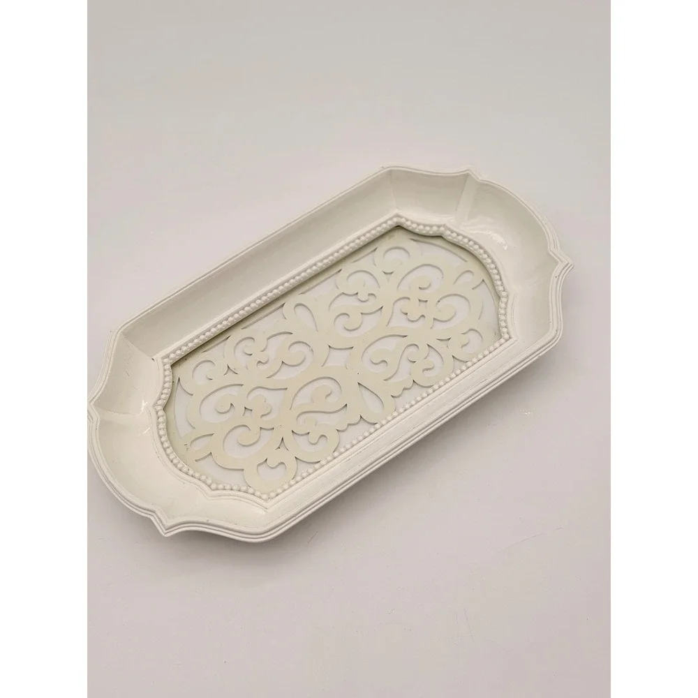 Cream White Metal Scrollwork Mirror Vanity Tray Beaded Edge French Country 15in